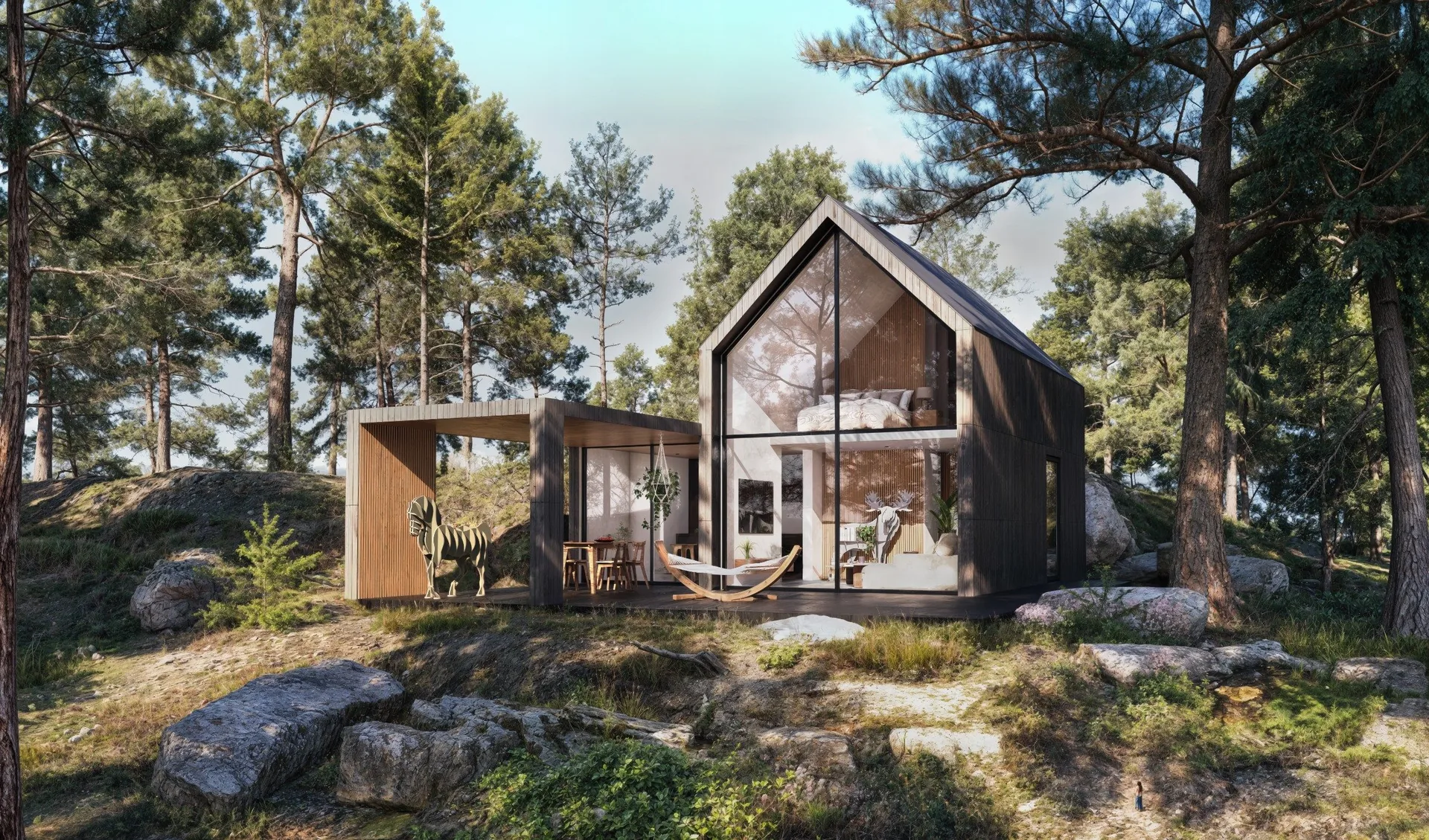 Boda husmodell med overbygd terrasse og glassfasade, omgitt av skog.