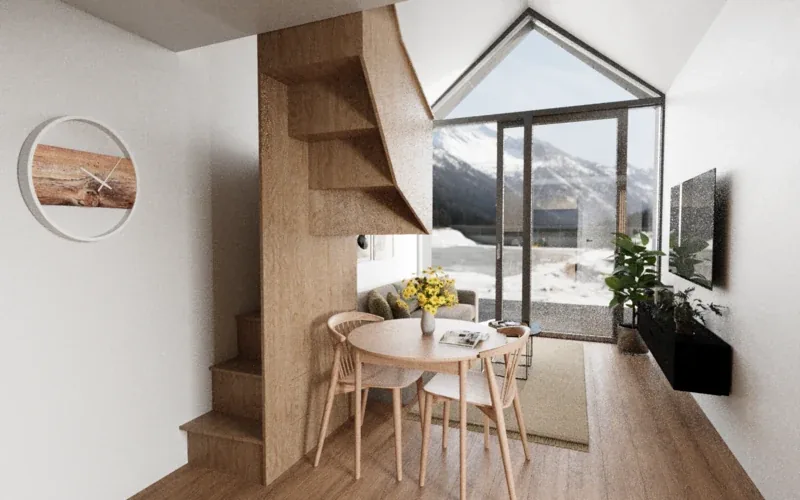 Mora – dining area by the glass facade